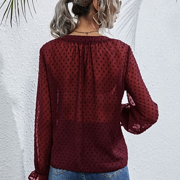 polka dot v neck button chiffon long sleeve top - Picture 10 of 11